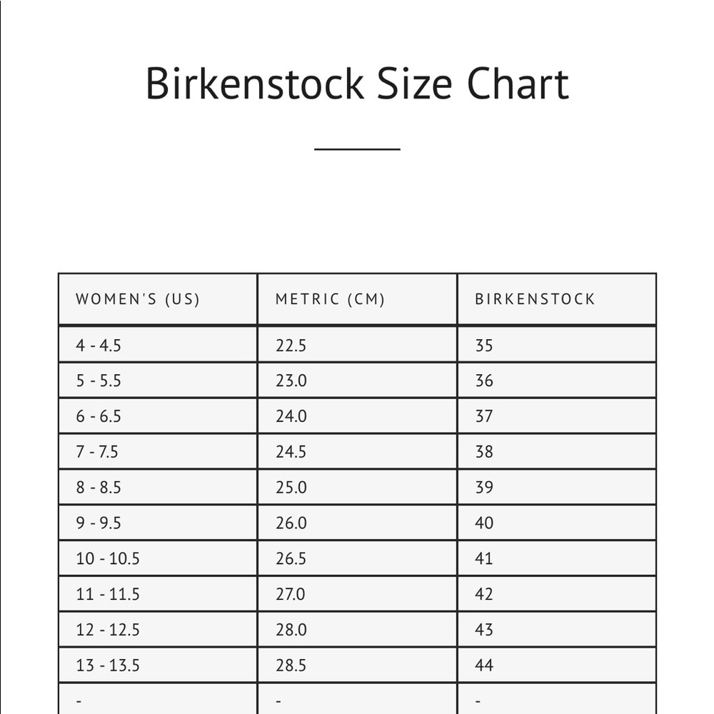 Size Chart For Birkenstocks
